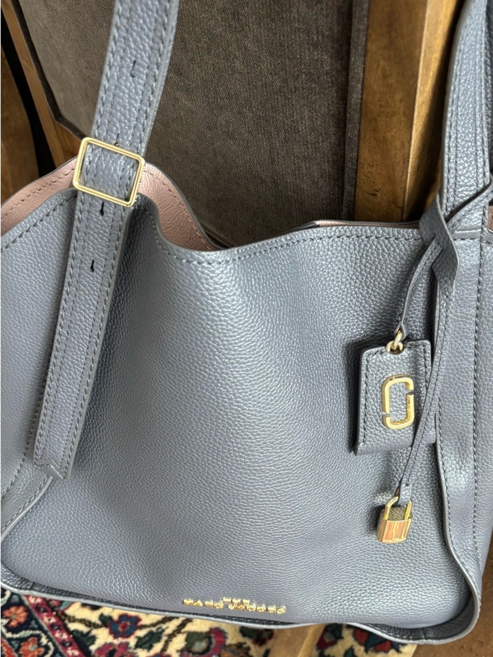 The Marc Jacob’s Designer Grey Leather Tote Bag with Gold Hardware
